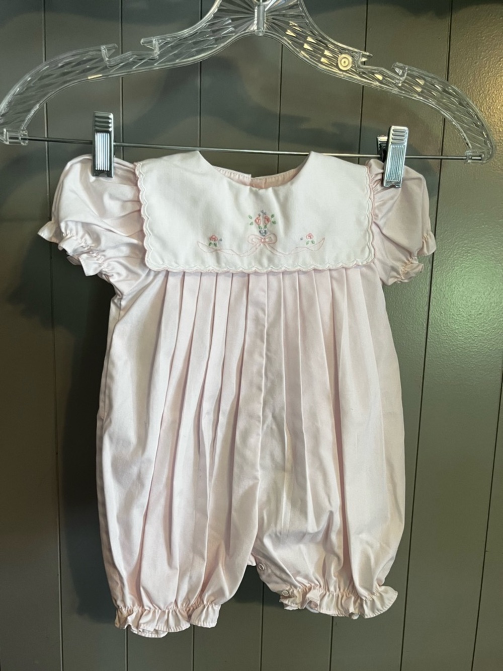 Petit Ami pink smocked French bubble romper hand embroidered